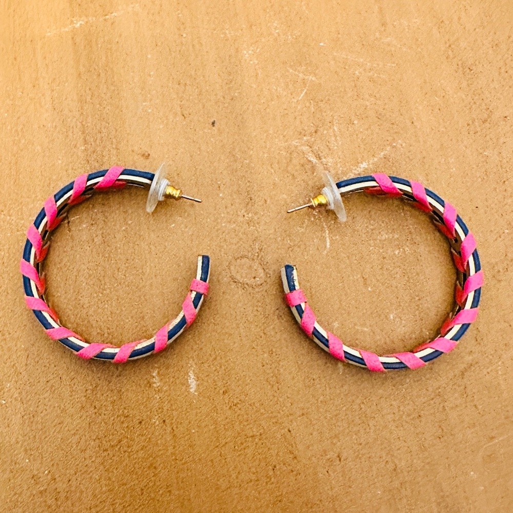 Stella & Dot Woven Leather Hoops. Pink, Orange, Navy, White - Picture 2 of 3